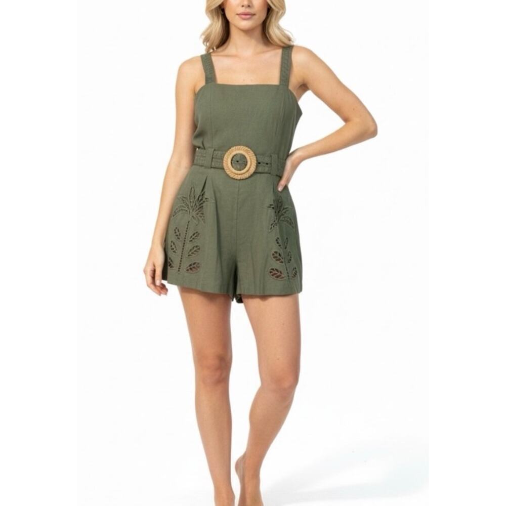 New Caroline Constas Palm Cutwork Romper Shorts Jumpsuit Linen Green NWT XS